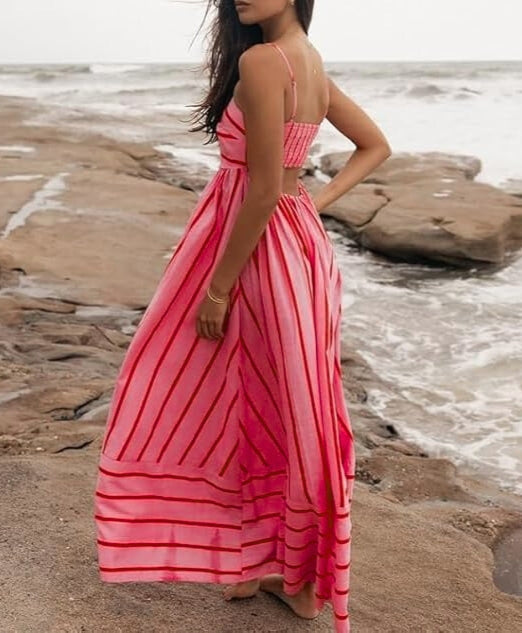 Elegant women's striped maxi dress with an open back, ideal for vacation outfits, day to night, or stylish summer wear.