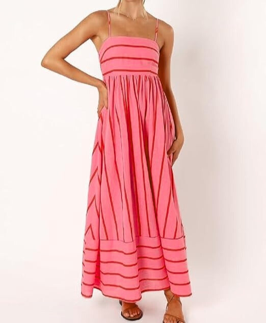 Effortless sleeveless striped maxi dress for women, offering a comfortable, flowy fit, great for casual summer fashion.