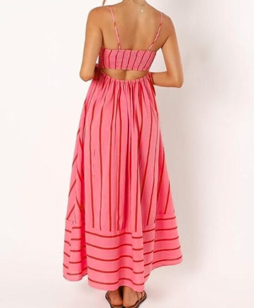 Chic women's striped maxi dress, sleeveless and flowy, featuring adjustable straps and an open back, perfect for beach or casual summer.