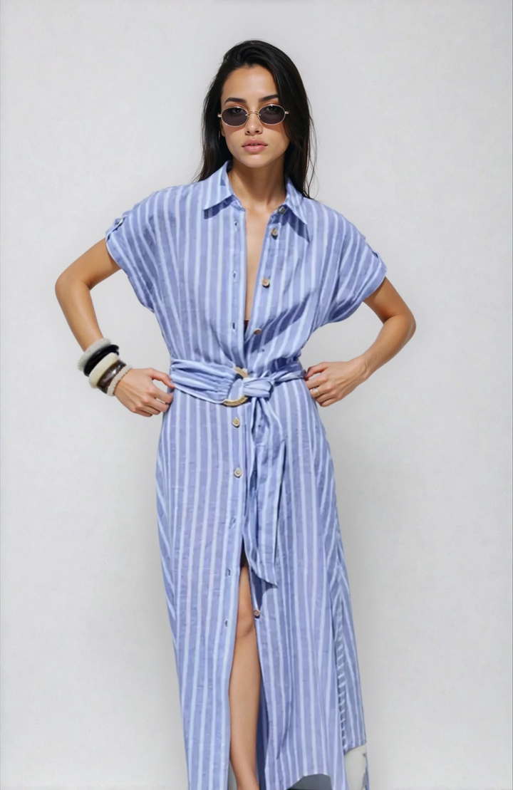 Women's striped maxi dress with belt, perfect for chic workwear & office style. Light blue casual summer fashion.