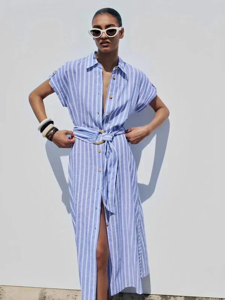 Light blue striped belted maxi dress for women, ideal for effortless summer fashion and casual work outfits.