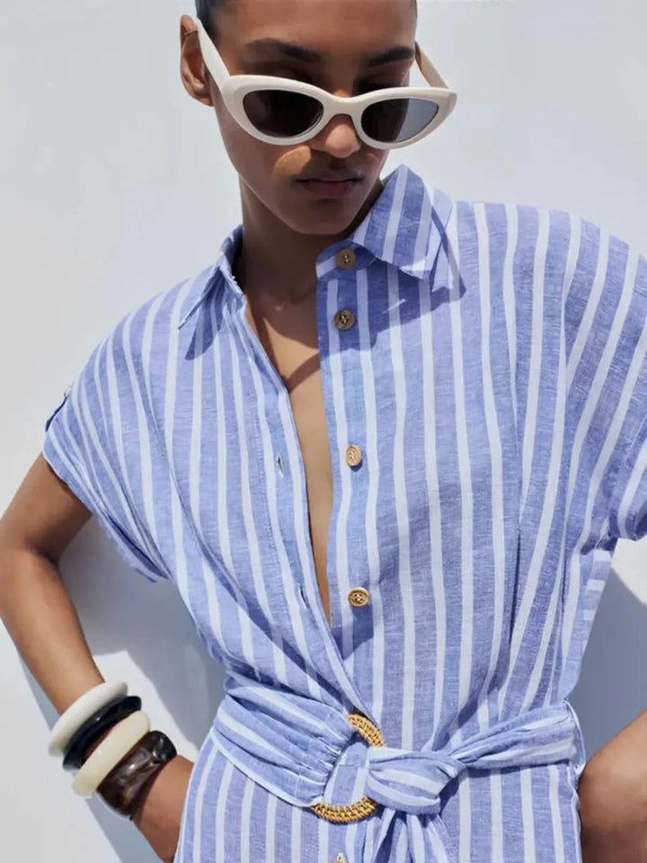 Comfortable women's light blue striped maxi dress with belt, great for stylish work attire or summer days.