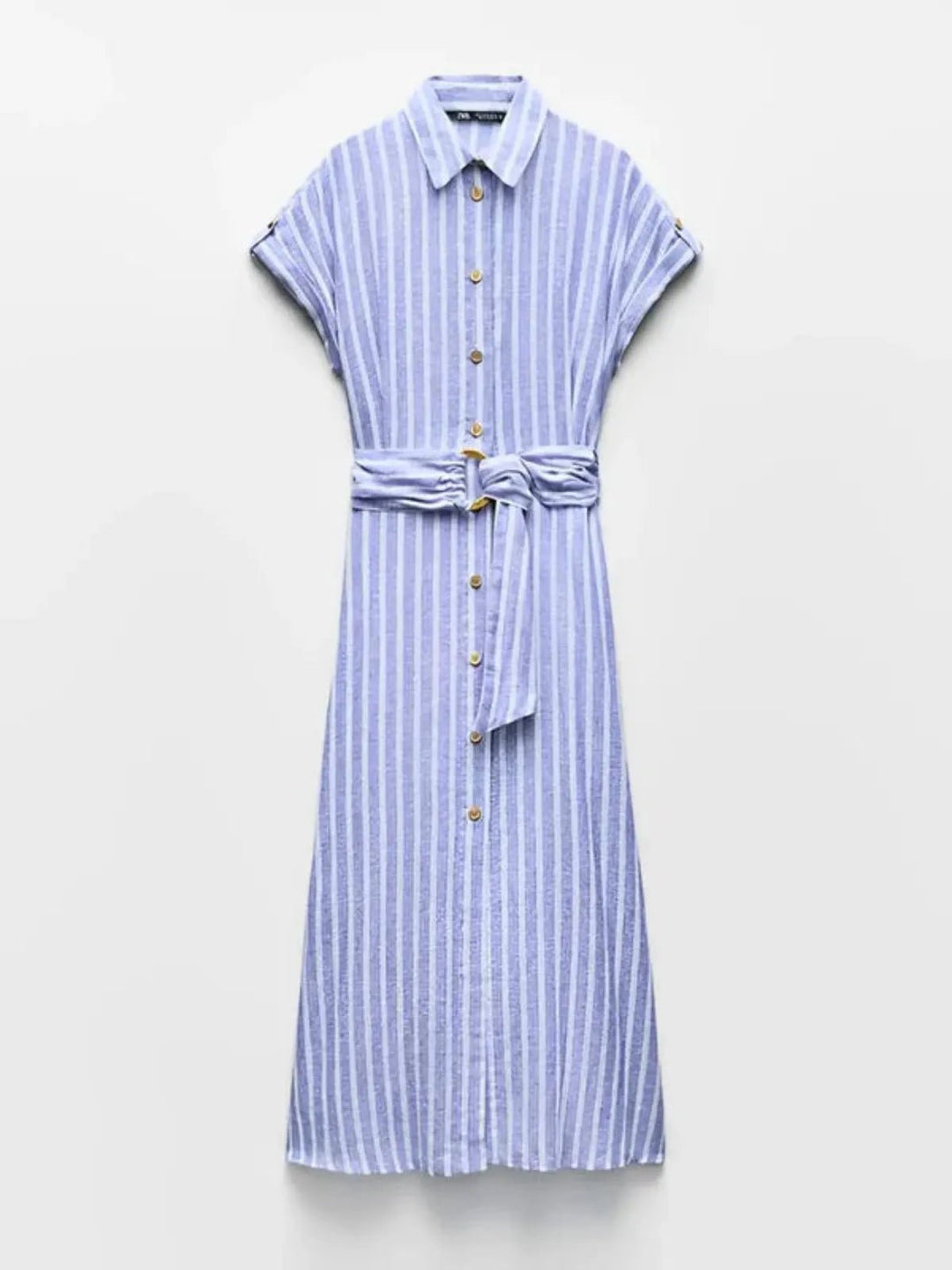 Flowy light blue striped women's maxi dress, complete with a belt. Ideal for summer, work, or casual wear.