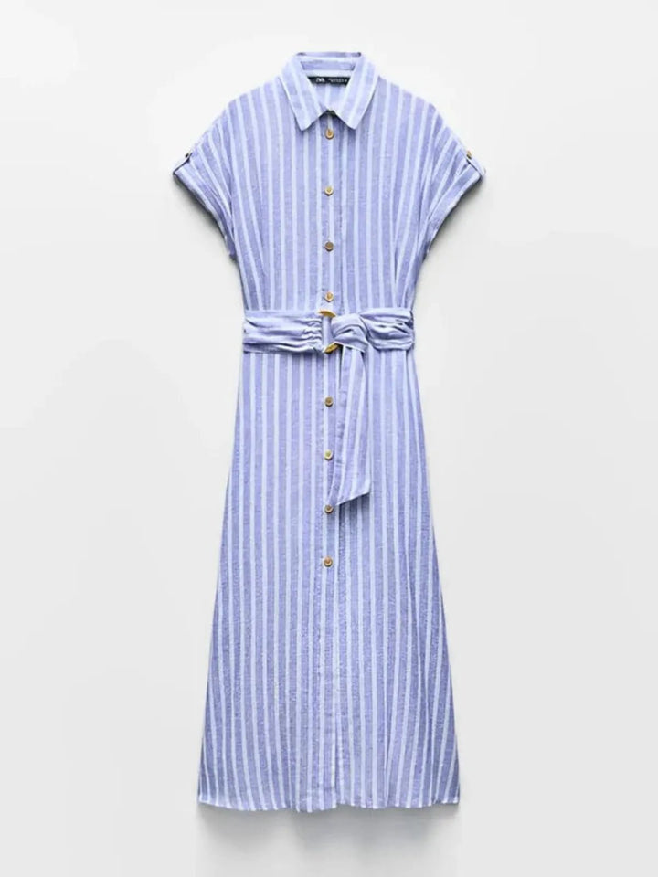 Flowy light blue striped women's maxi dress, complete with a belt. Ideal for summer, work, or casual wear.