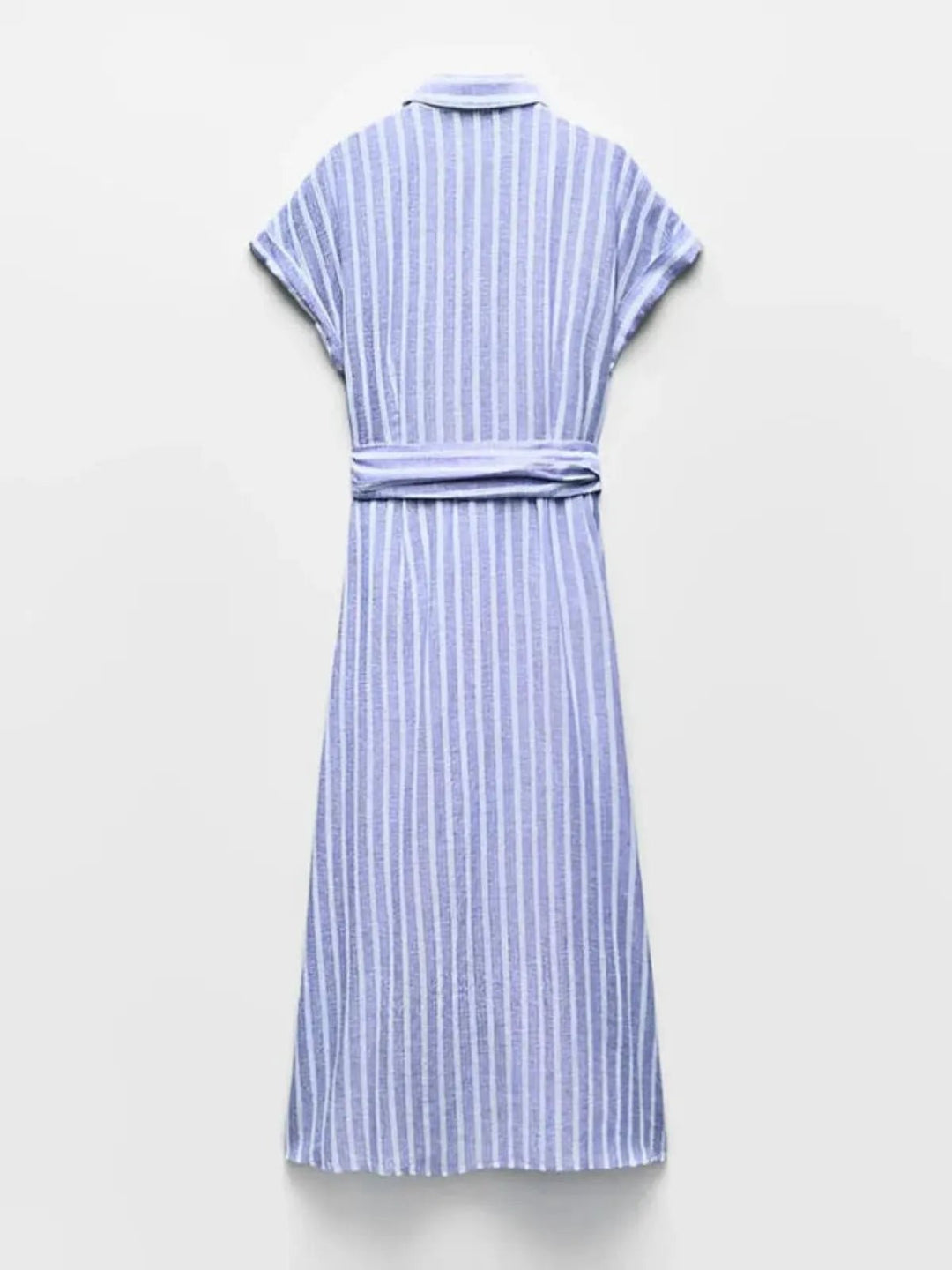 Trendy women's striped work maxi dress with a flattering belt. Light blue, perfect for modern casual fashion.