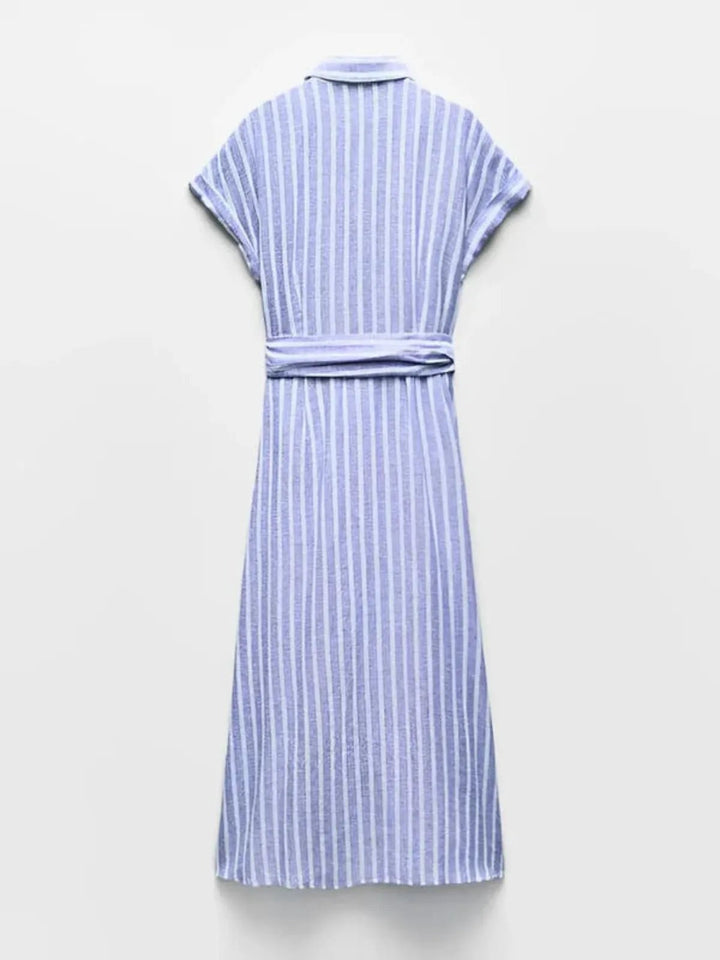 Trendy women's striped work maxi dress with a flattering belt. Light blue, perfect for modern casual fashion.