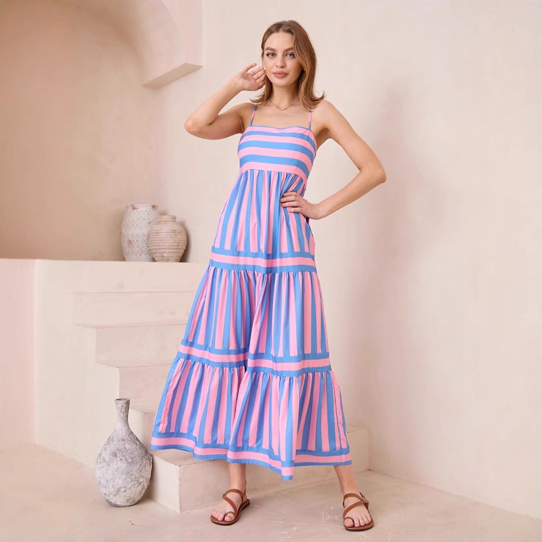 Tiered striped maxi dress for women, sleeveless and ideal for summer beach wear.