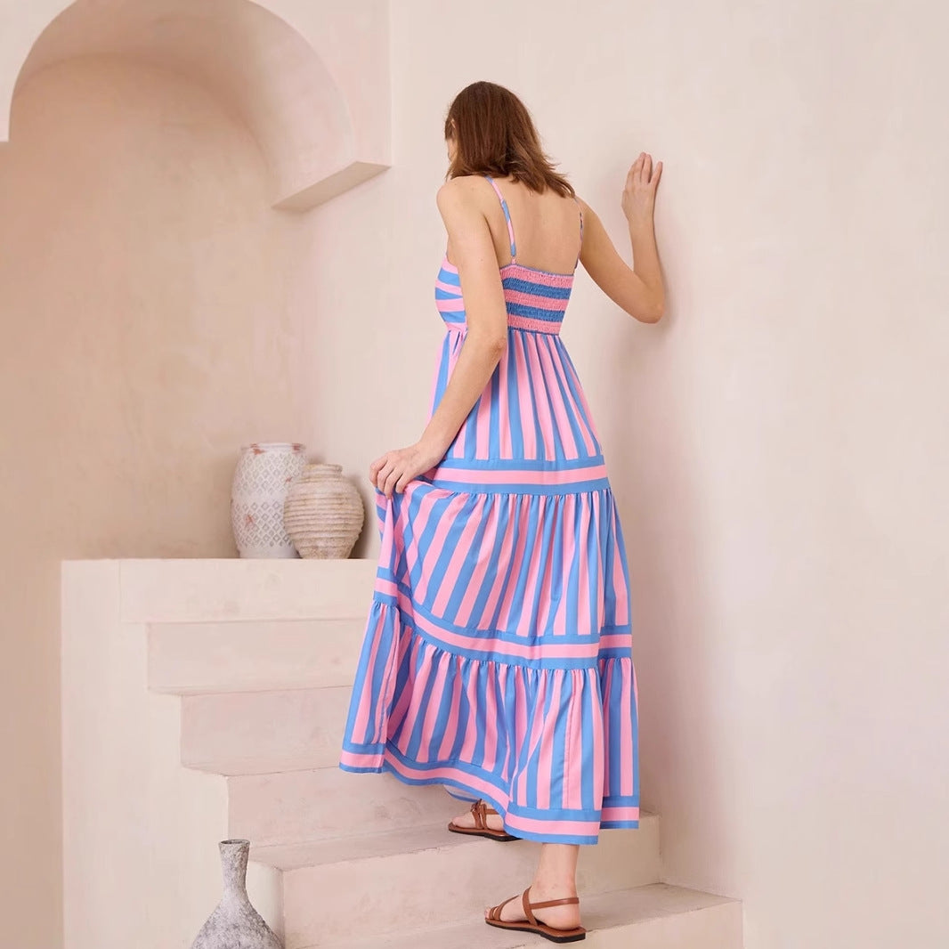 Pink striped maxi summer dress, a sleeveless women's casual vacation outfit.