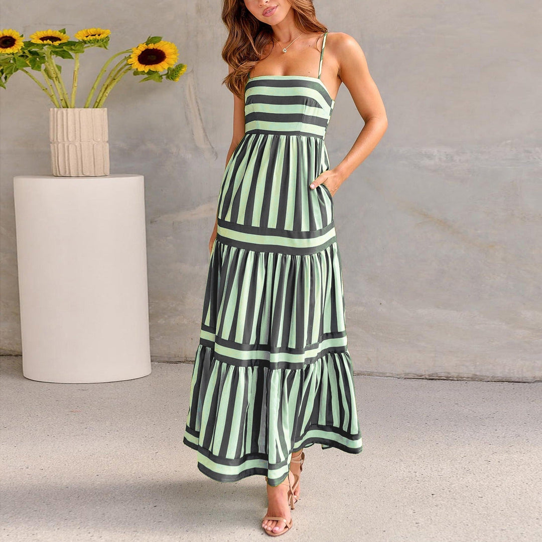 Green striped tiered maxi dress for women, comfortable summer beachwear.
