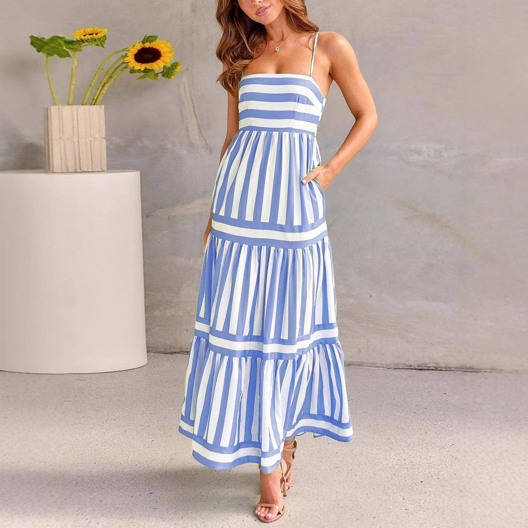 Blue striped sleeveless maxi dress, women's casual summer fashion.