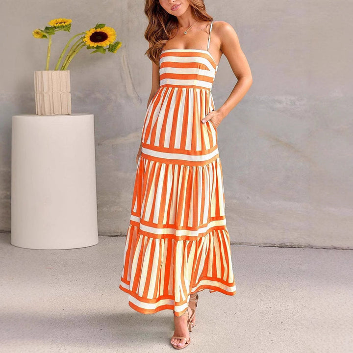 Stylish women's striped summer dress, a comfortable sleeveless maxi for casual days.