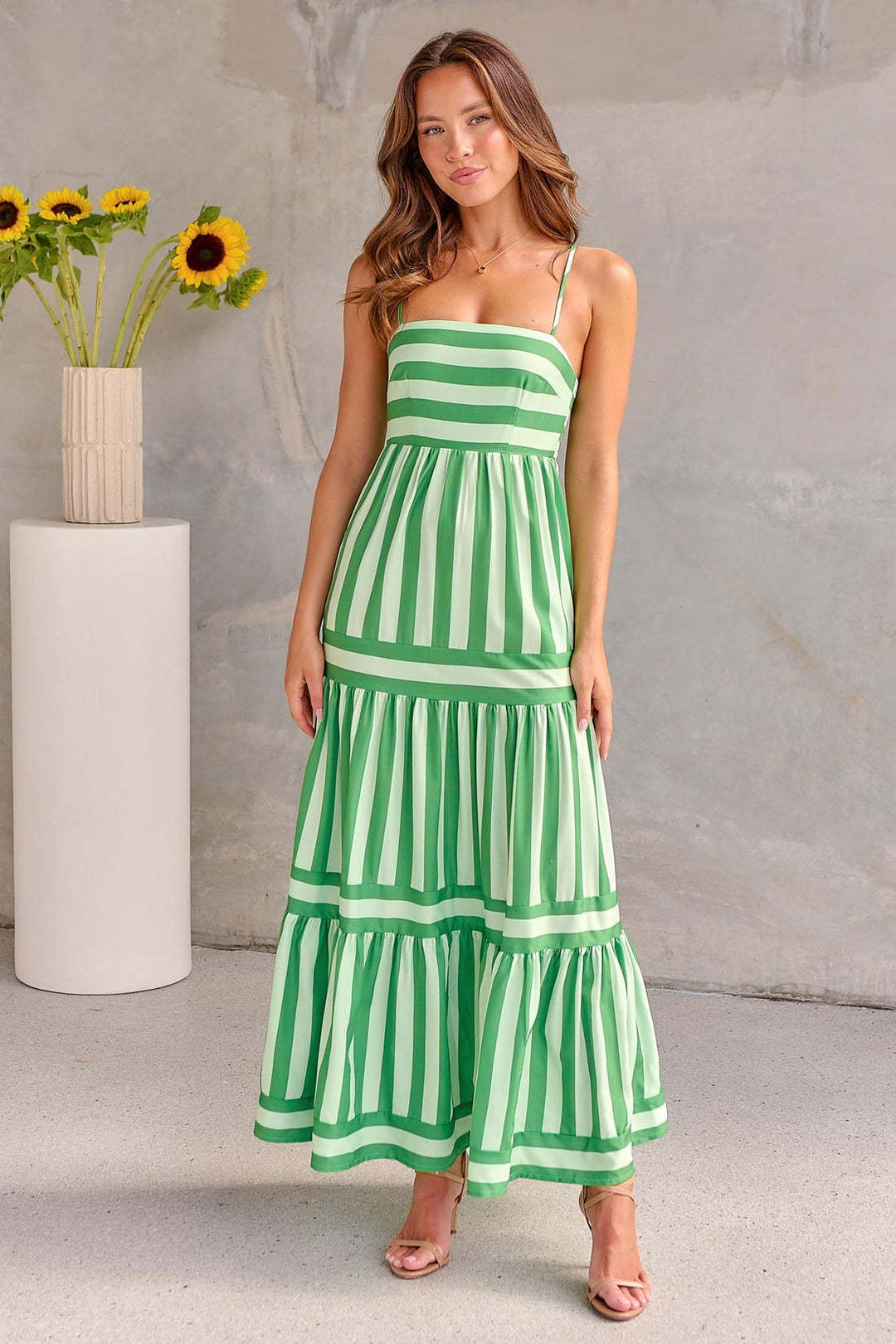 Orange striped women's maxi dress, sleeveless, perfect as a summer or beach dress.