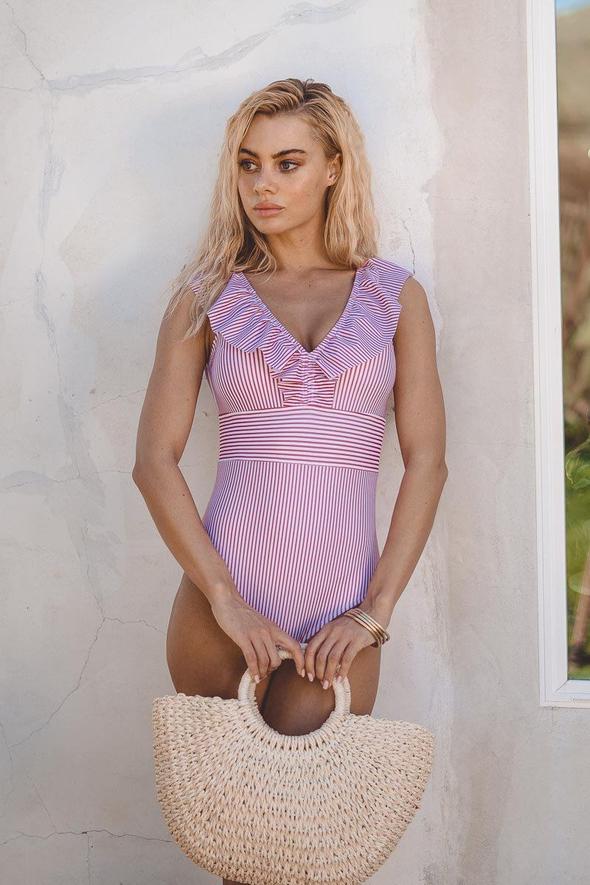 Classic striped V-neck one piece swimsuit with delicate ruffles, women's swimwear for a fashionable summer look.