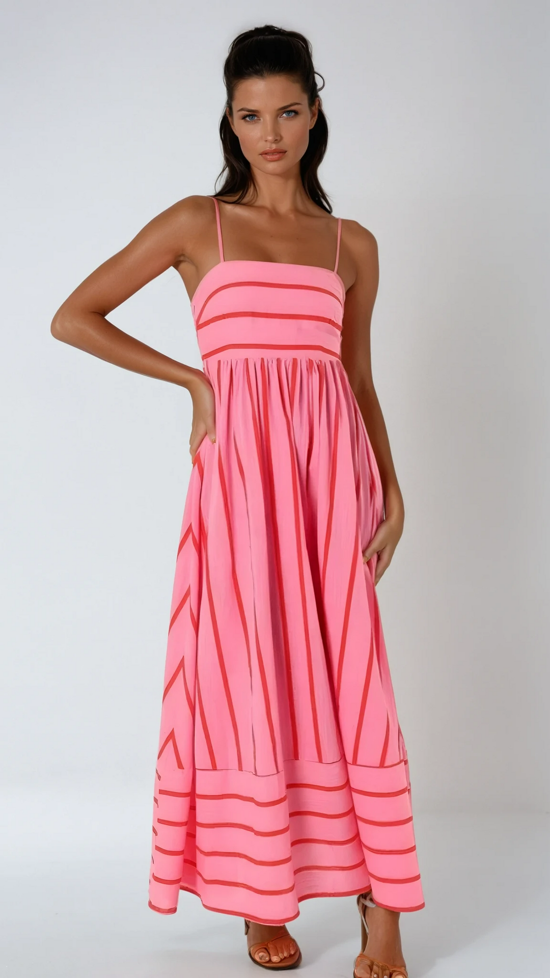 Women's striped strappy maxi dress, perfect for summer beach vacations & casual wear.