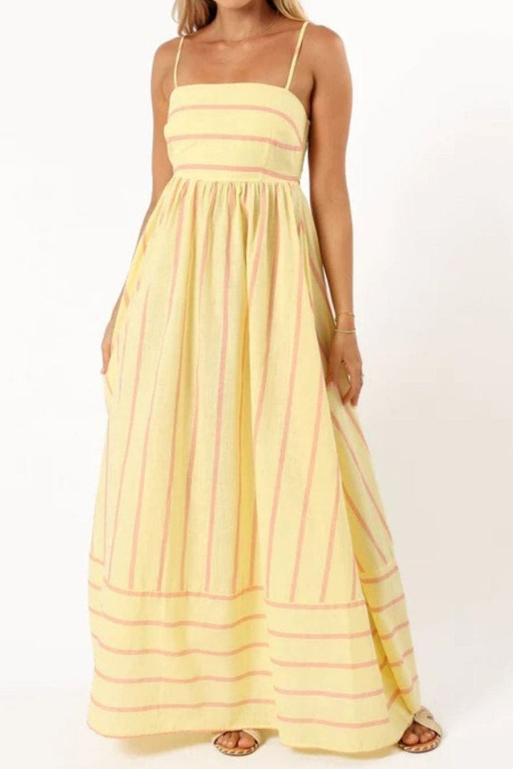 Flowy striped strappy women's beach dress, perfect for casual summer wear, vacation & comfort.