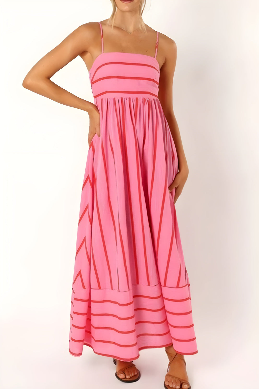 Elegant flowy striped strappy maxi dress for women, ideal for summer parties & events.