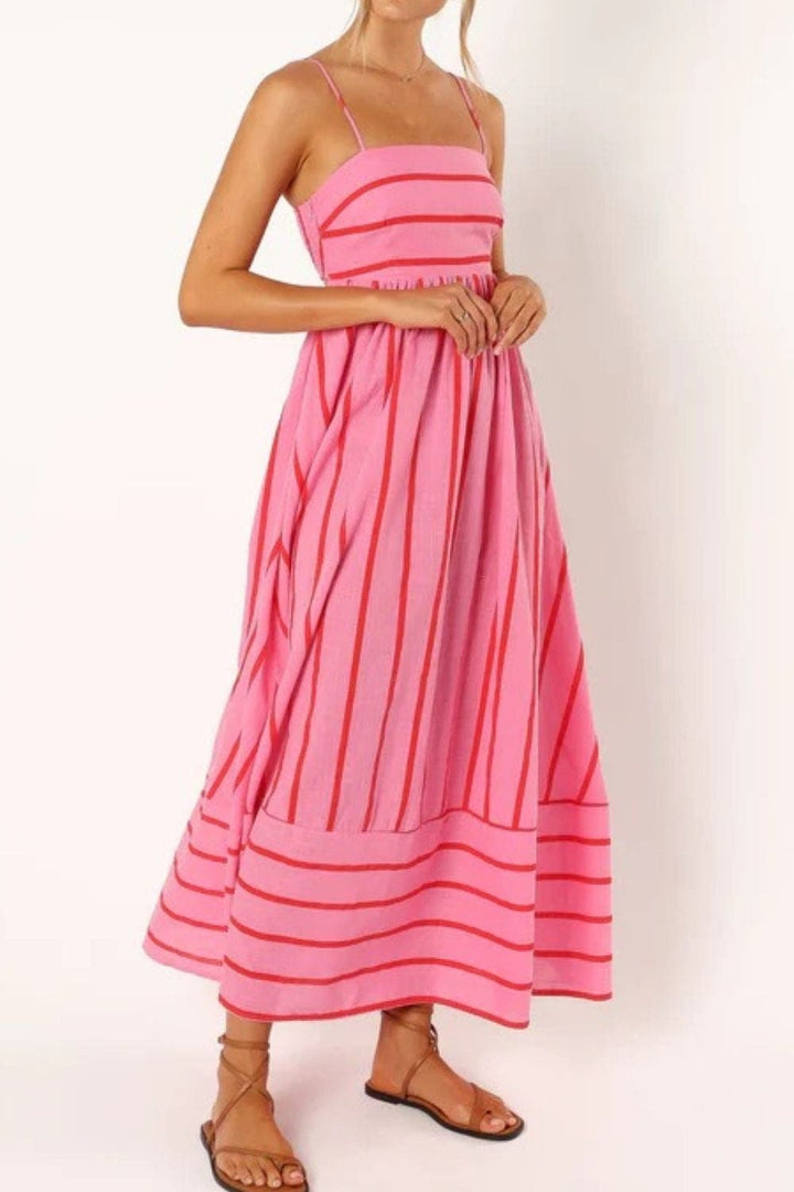 Sleeveless striped strappy maxi dress for women, featuring a relaxed fit for summer comfort.
