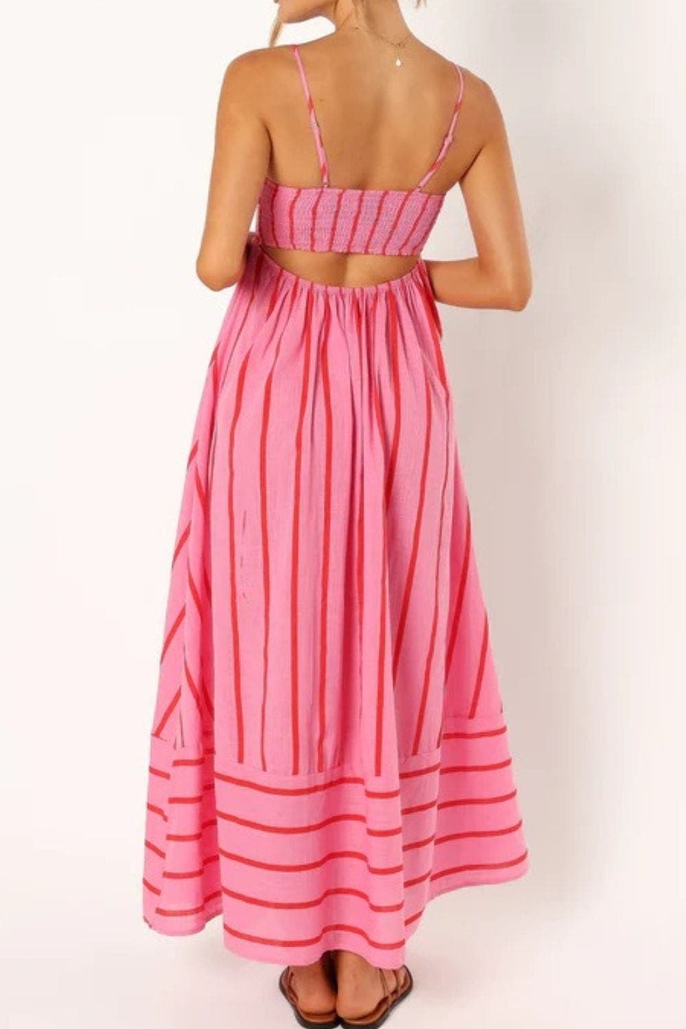 Comfortable striped strappy summer maxi dress, great for women's beach wear & warm days.