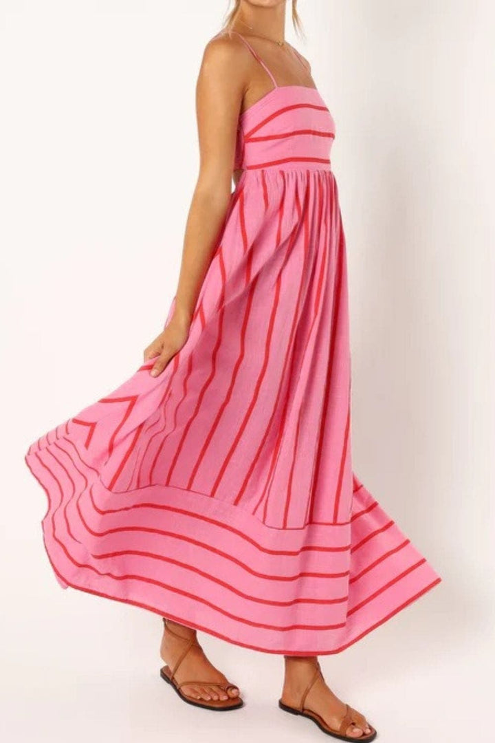 Women's casual striped strappy summer beach maxi dress, designed with a relaxed, flowy fit.