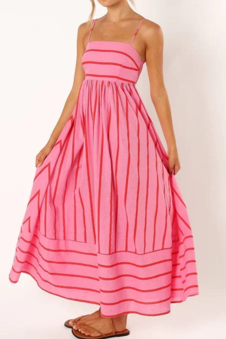 Strappy striped women's maxi dress, a flowy summer beach essential for vacation & parties.