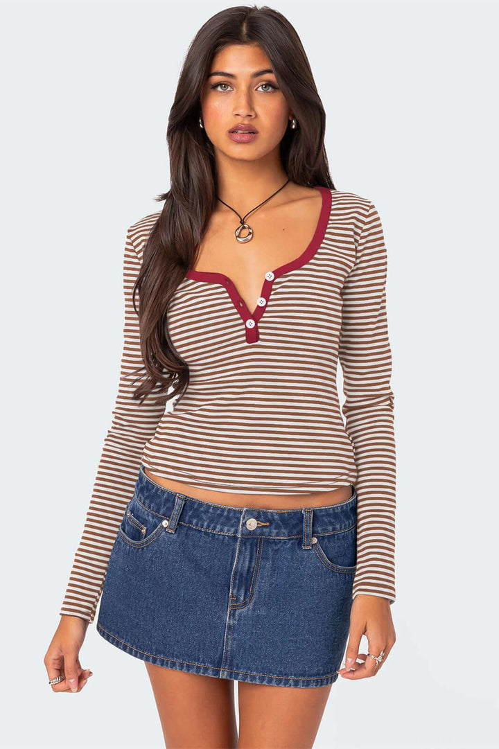 Women's striped V-neck Henley top, long sleeve, casual & chic everyday fashion apparel.