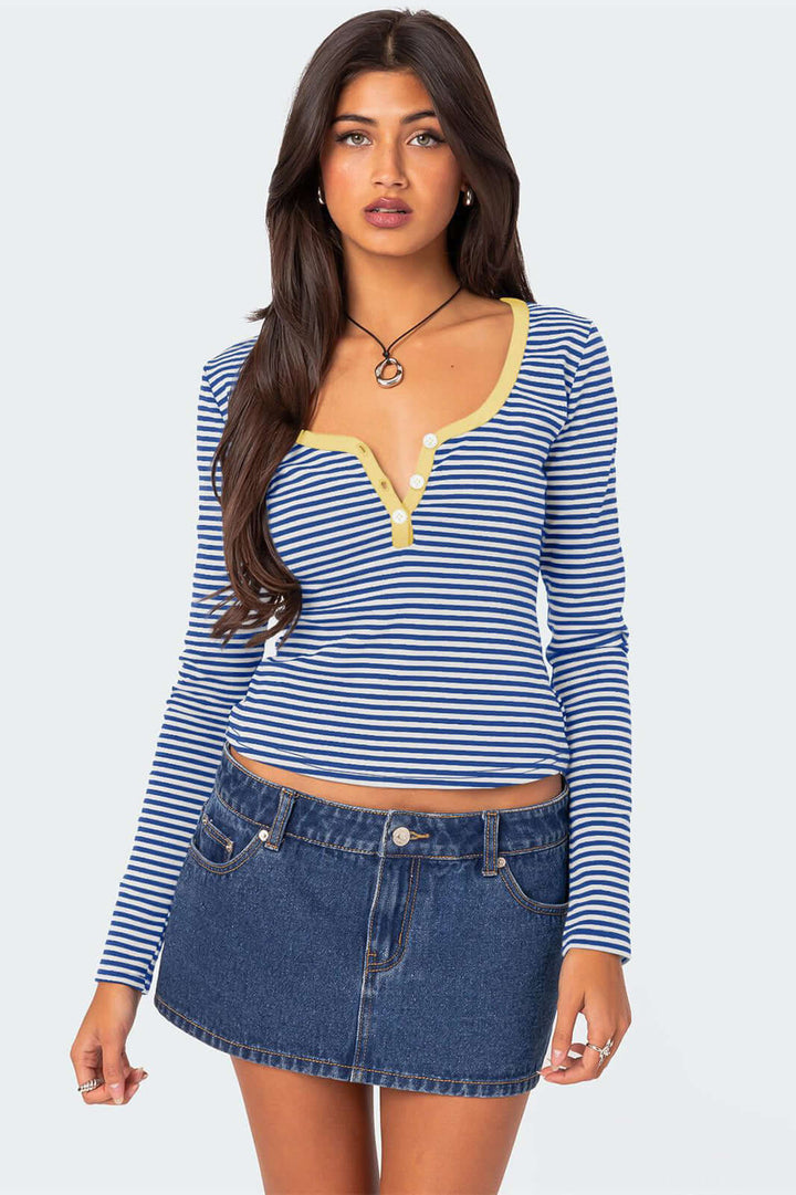 Everyday fashion women's striped V-neck Henley top, long sleeve & comfortable casual wear.