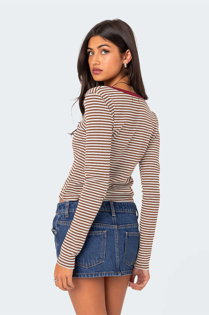 Stylish women's striped V-neck Henley shirt, a chic long sleeve top for everyday fashion.