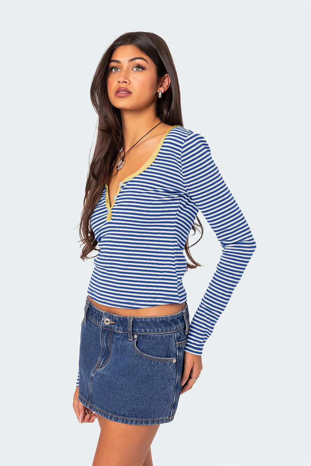 V-neck striped Henley long sleeve top for women, comfortable and chic casual apparel.