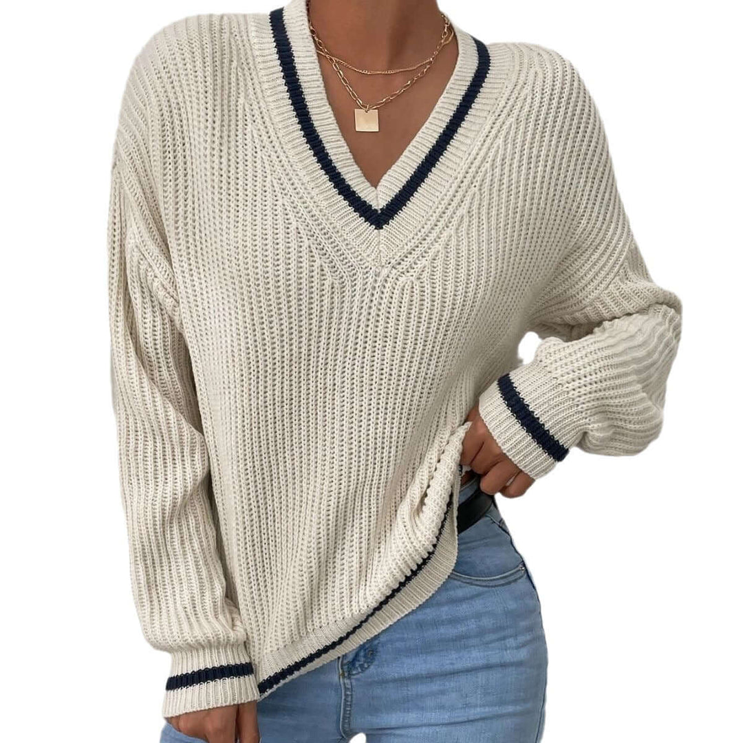 Elegant women's striped V-neck sweater, a relaxed fit pullover perfect for casual chic.