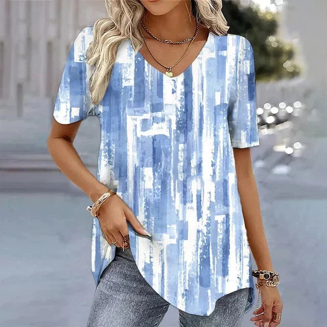 Comfortable short sleeve women's v-neck striped t-shirt. Ideal for relaxed everyday style & summer fashion.