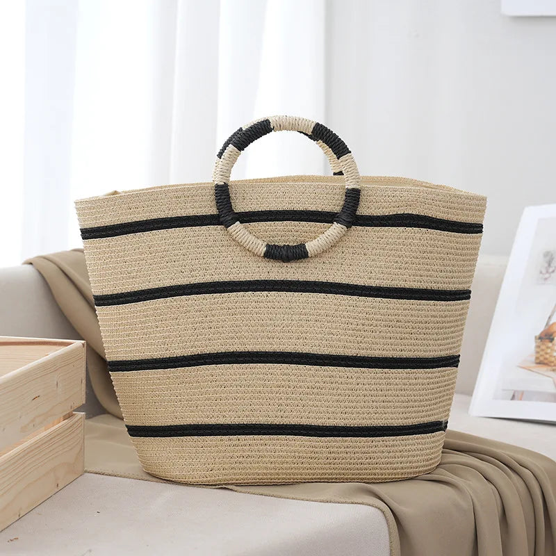 Women's striped woven tote bag for beach. Large, durable summer handbag for casual daily use.