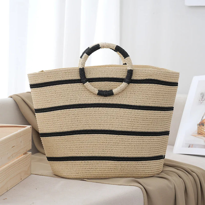Women's striped woven tote bag for beach. Large, durable summer handbag for casual daily use.
