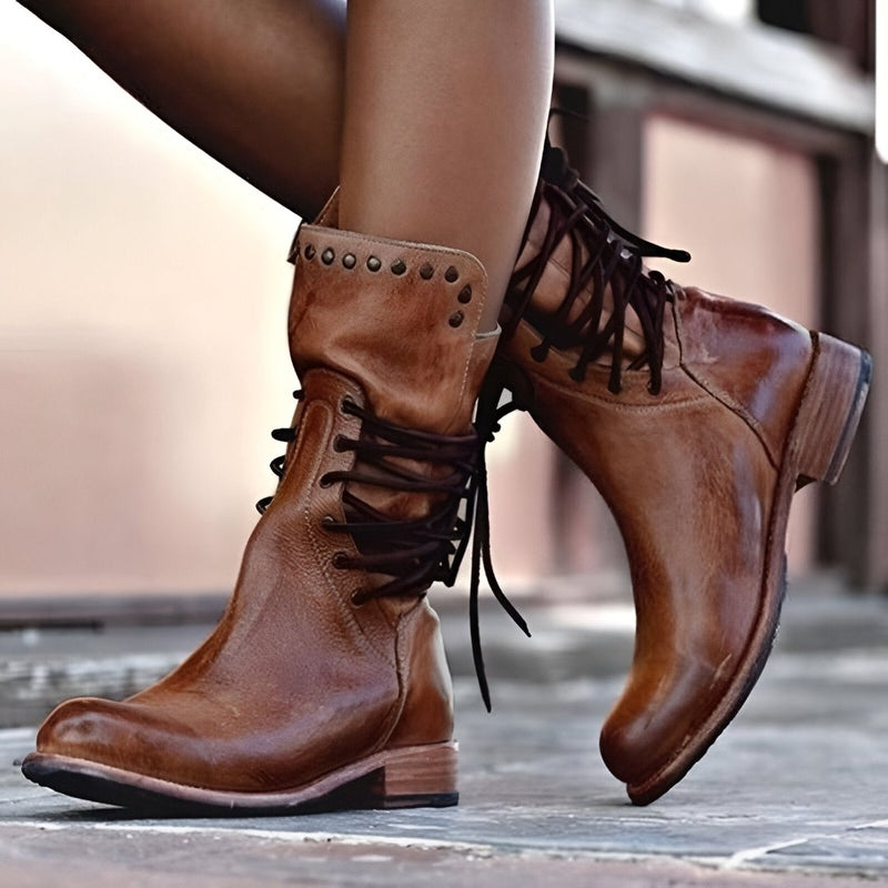 Women's studded lace-up mid-calf boots with low heel, perfect for trendy autumn and winter fashion.