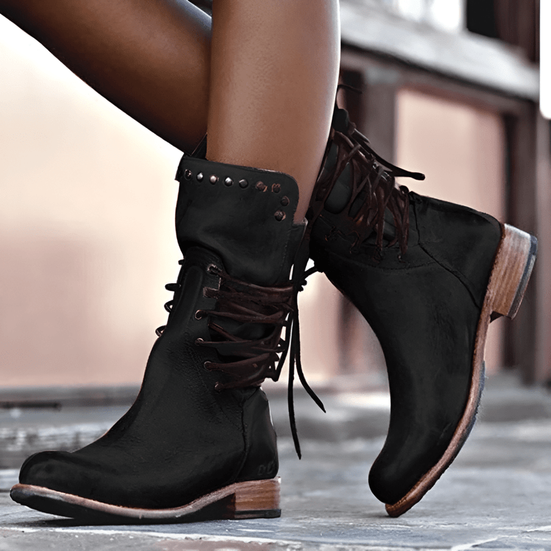 Versatile women's studded lace-up mid-calf boots. These low-heel autumn/winter boots add a trendy touch to any outfit.