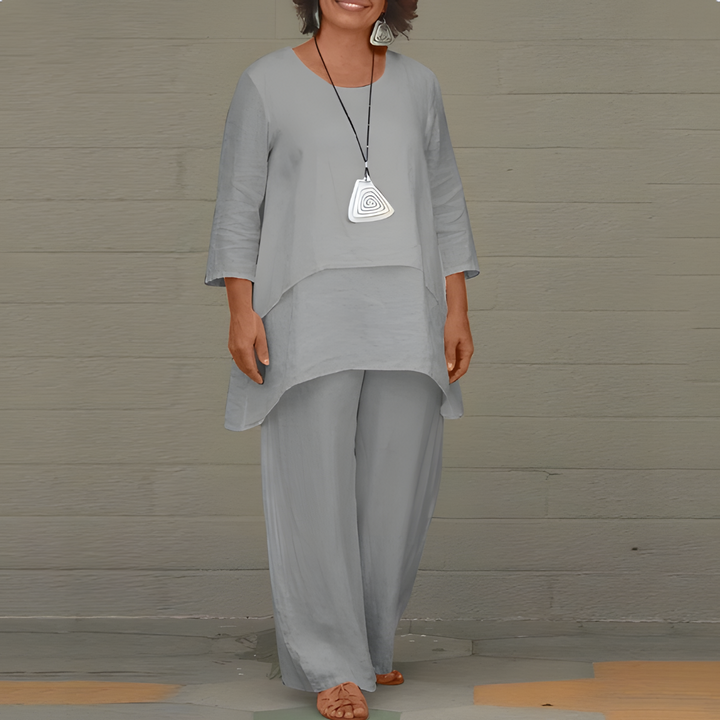 Breathable linen two-piece set for women, featuring a relaxed fit top and shorts, ideal for summer outfits and comfort.