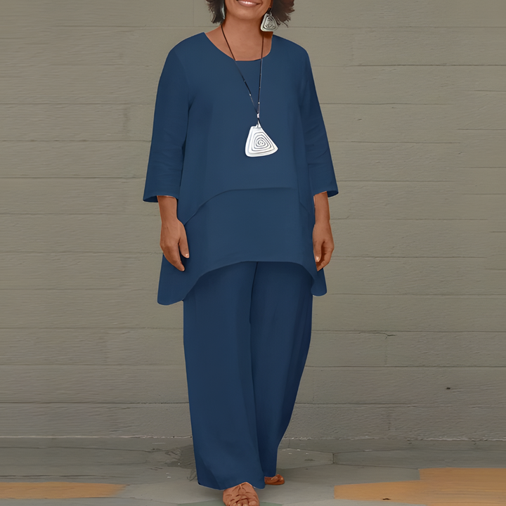 Model wearing a chic women's linen short set. Stylish two-piece summer outfit with breathable fabric, great for vacation.