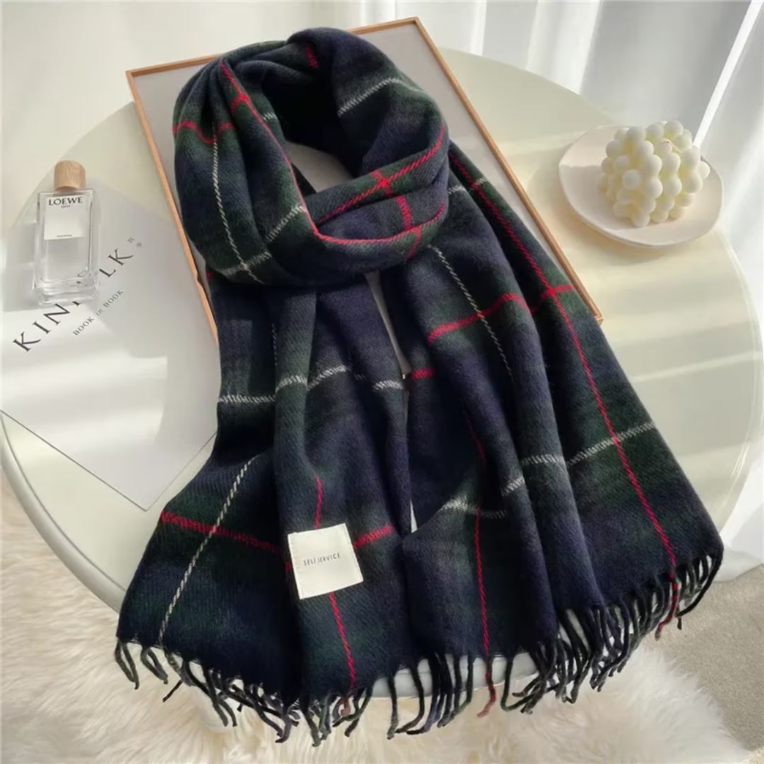 Women's stylish Angela knitted scarf with tassels, perfect for winter fashion & cold weather.