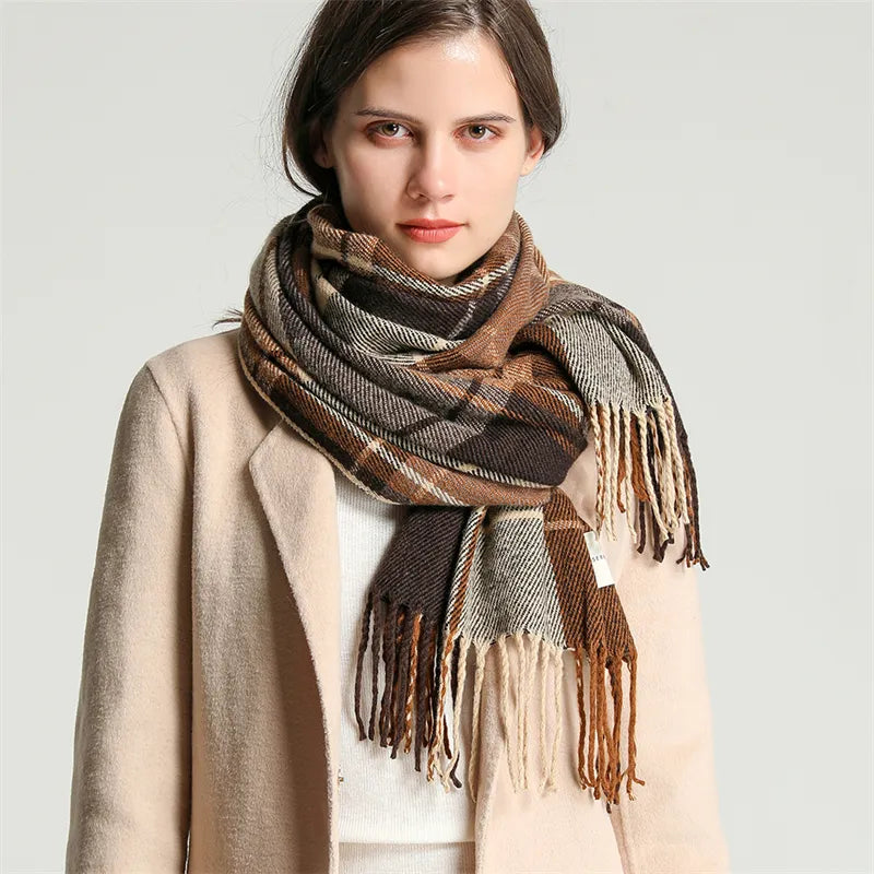 Cashmere-feel knitted women's scarf with elegant tassels. Perfect for winter warmth & style.