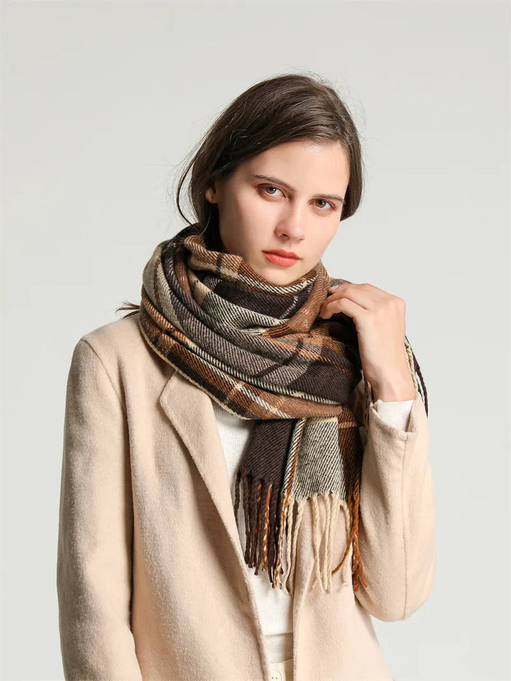 Angela knitted women's tassel scarf, a cozy and fashionable accessory for cold weather.