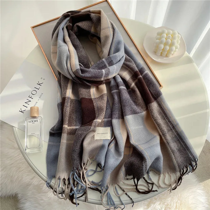 Soft cashmere-feel knitted women's scarf, checkered pattern & tassels. Warm fall accessory.