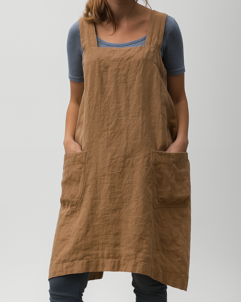 Women's stylish apron dress, knee-length, with convenient pockets and adjustable cross-back straps for a relaxed fit.