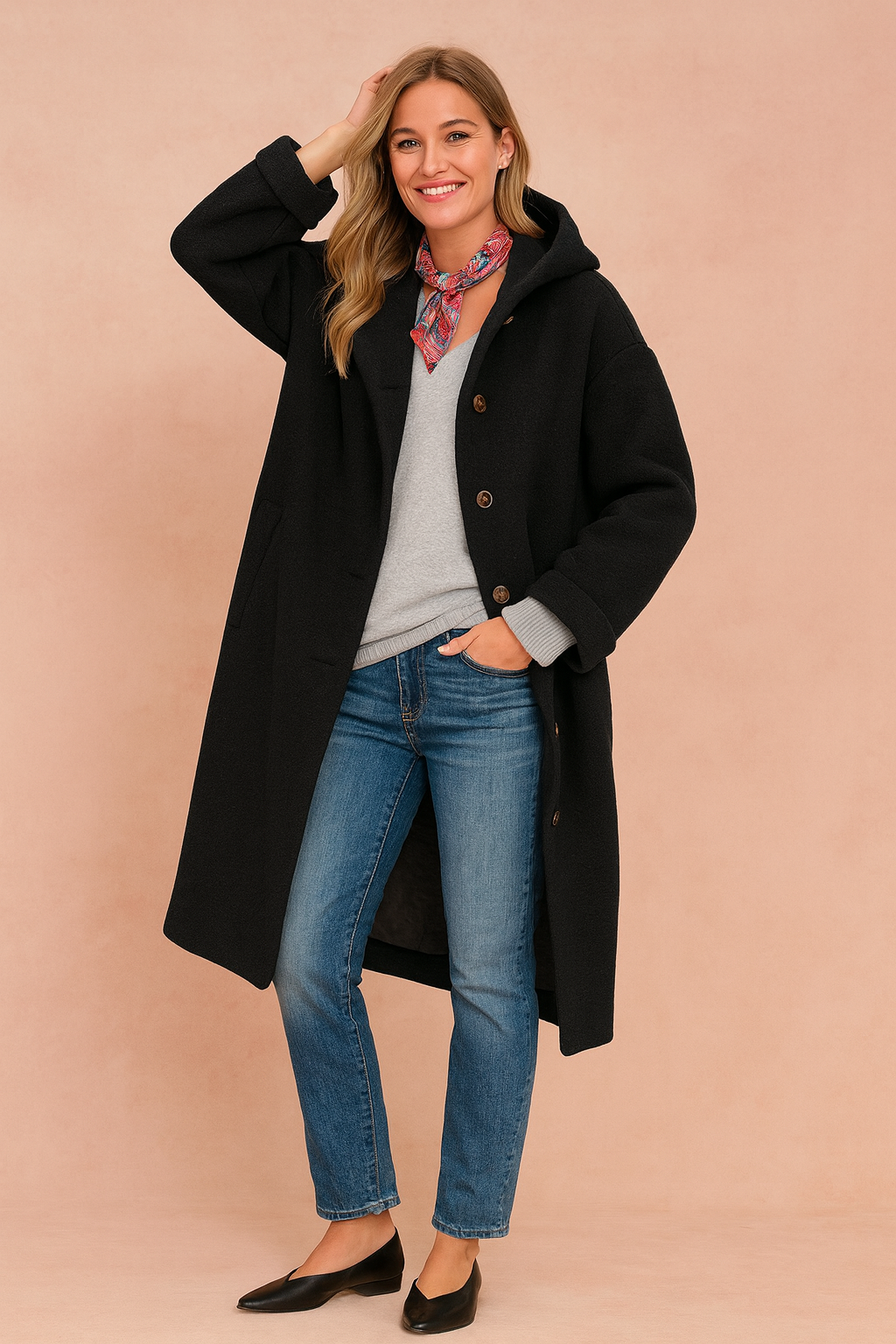 Versatile women's button-up hooded coat, featuring a stylish collar for chic winter & fall layering.