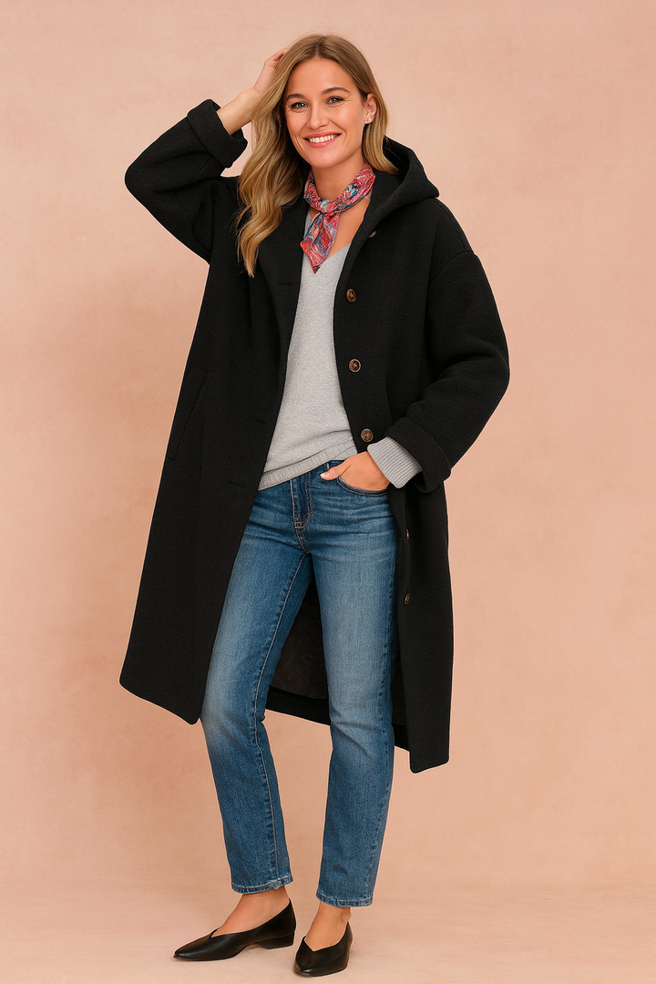 Versatile women's button-up hooded coat, featuring a stylish collar for chic winter & fall layering.