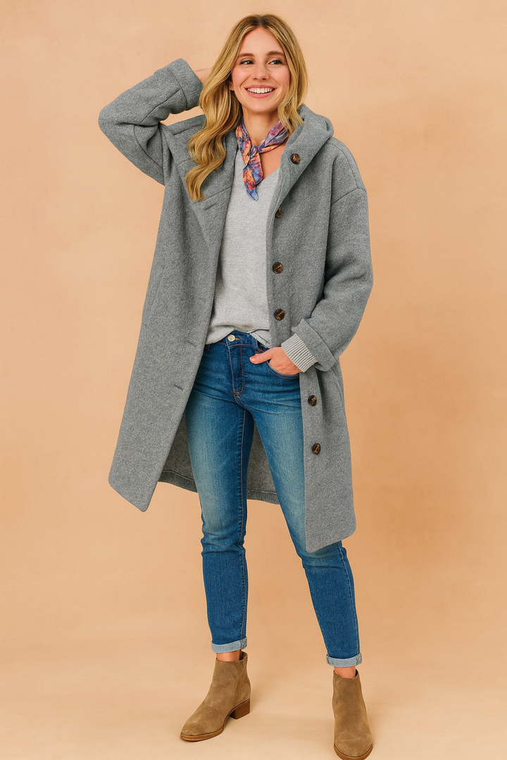 Chic women's hooded winter jacket with a sophisticated collar, offering warmth for casual everyday wear.