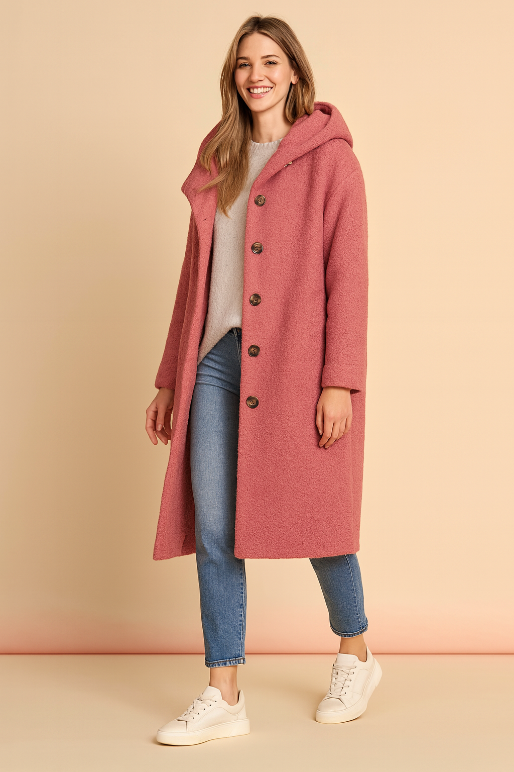 Elegant women's fall & winter coat, hooded with a stylish collar. Cozy outerwear for versatile everyday fashion.