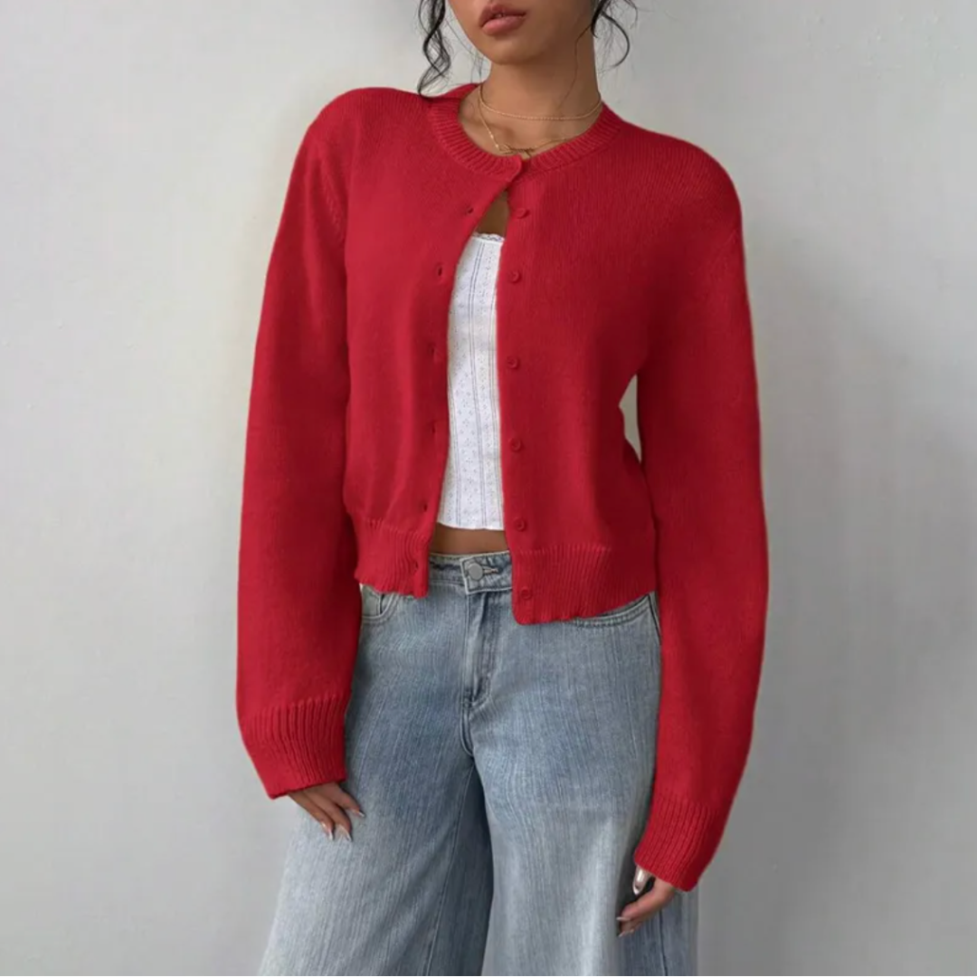 Everyday women's cropped cardigan. Soft, comfortable knit with stylish ribbed trim.