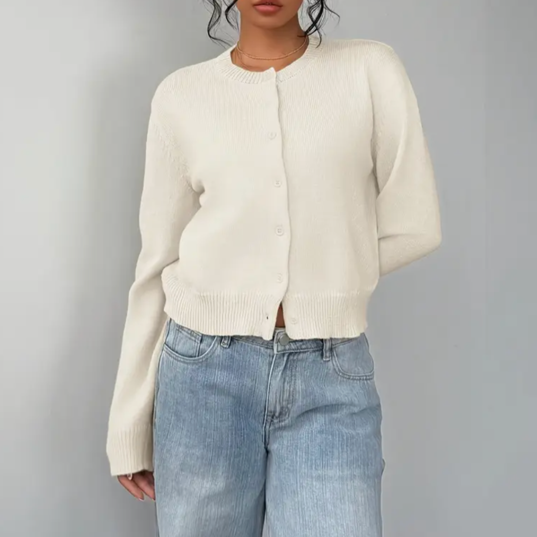 Chic women's cropped button-up cardigan. Soft knit & fashionable ribbed cuffs.