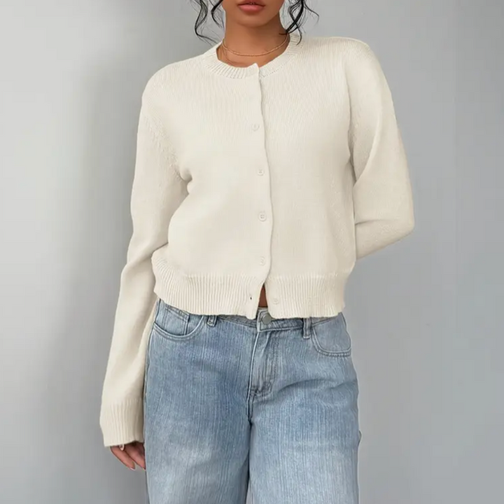 Chic women's cropped button-up cardigan. Soft knit & fashionable ribbed cuffs.