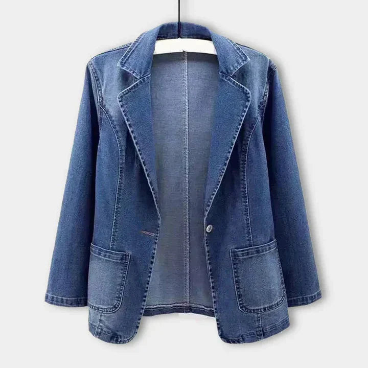 Women's stylish denim blazer, tailored fit, perfect for chic casual or versatile office wear.