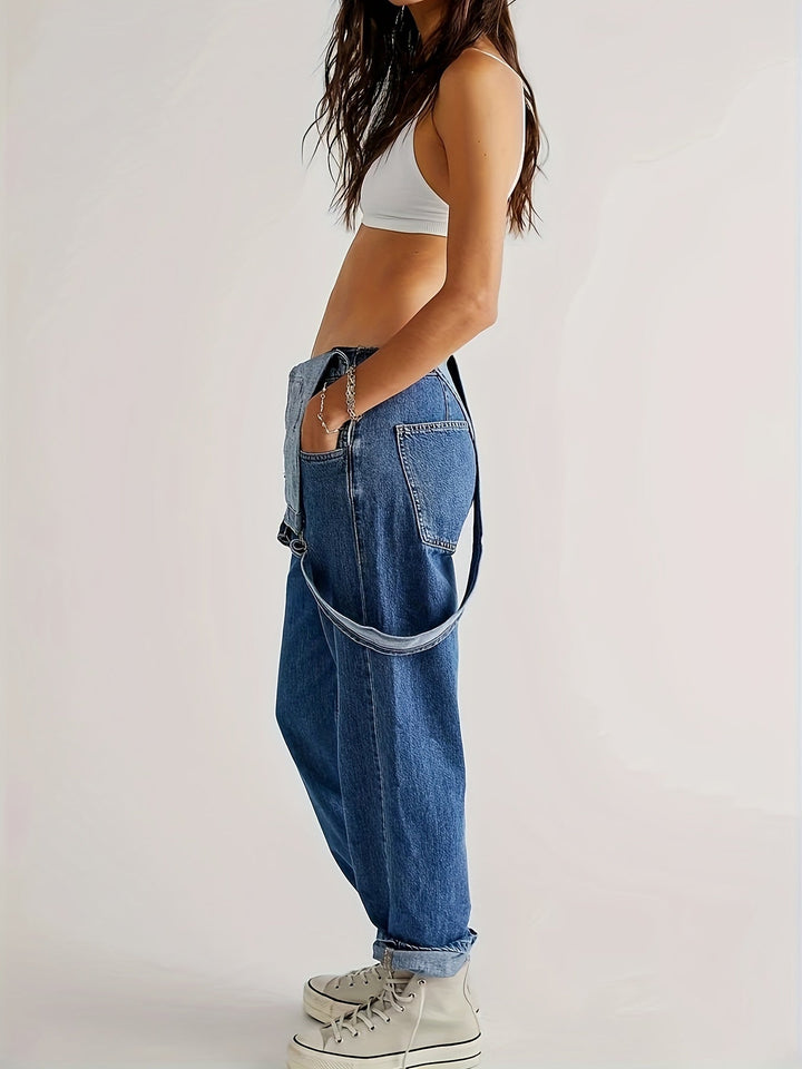 Everyday women's denim jumpsuit, a comfy & stylish option for autumn fashion. Loose fit & versatile.